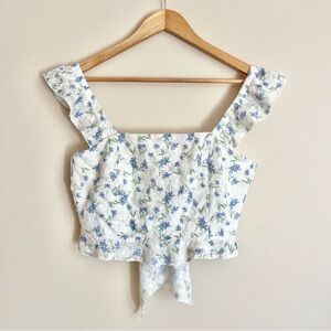Kirious Floral Embroidered White Crop Top Ruffle Tie Back Cottagecore NWOT M